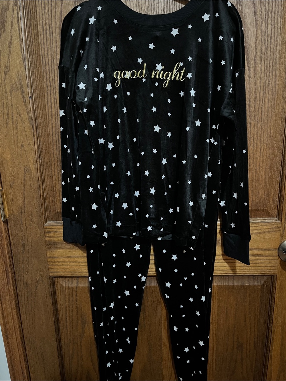 Black Star-Print Pajama Set with Gold 'Good Night' Script
